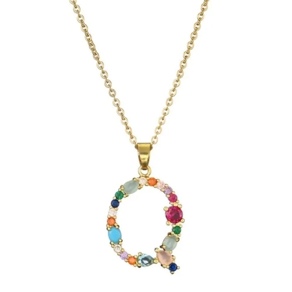 Q Letter Pendant Necklace Multicolor Rhinestones Gold Tone Chain - Picture 10 of 12